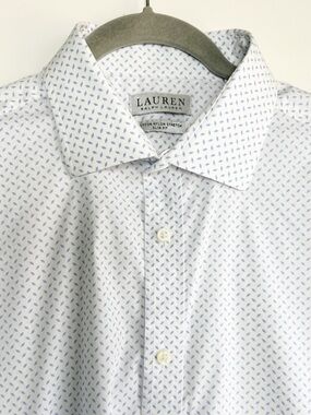 Lauren Ralph Lauren Men’s Button Down Dress Shirt White Blue Diamonds Slim Fit